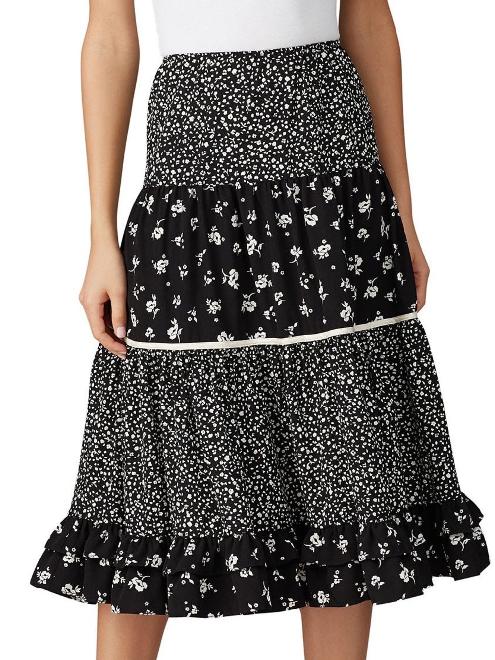 Sweet Baby Jane Black and White Floral Tiered Midi Skirt